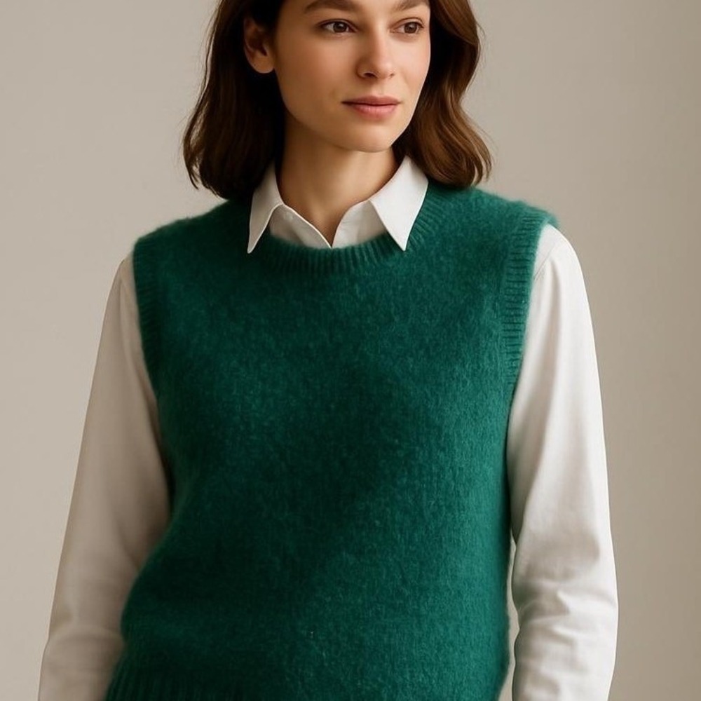 Rachel Zoe Forest Green Eyelash Knit Fuzzy Sweater Vest Sleeveless Crew Neck M